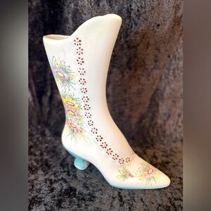 Vintage 1960s Paul's Gifts Italy Handmade Porcelain Boot  Vase Floral 12”.